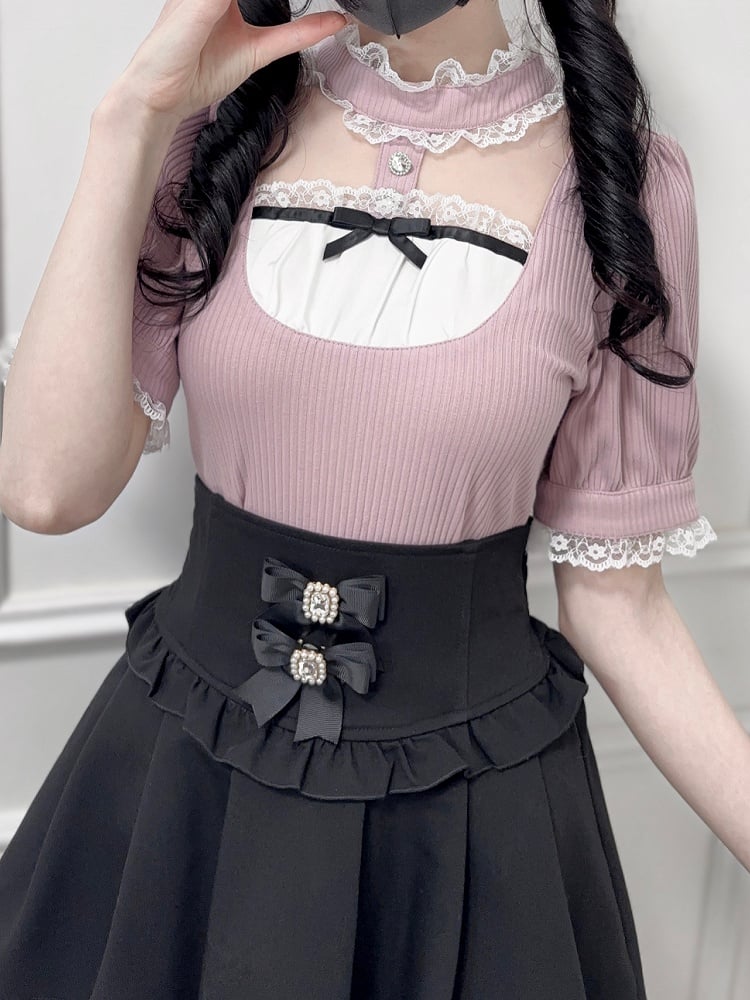 Kurze Ärmel Jirai Kei Altrosa Bluse mit Stehkragen und Cutout vorne