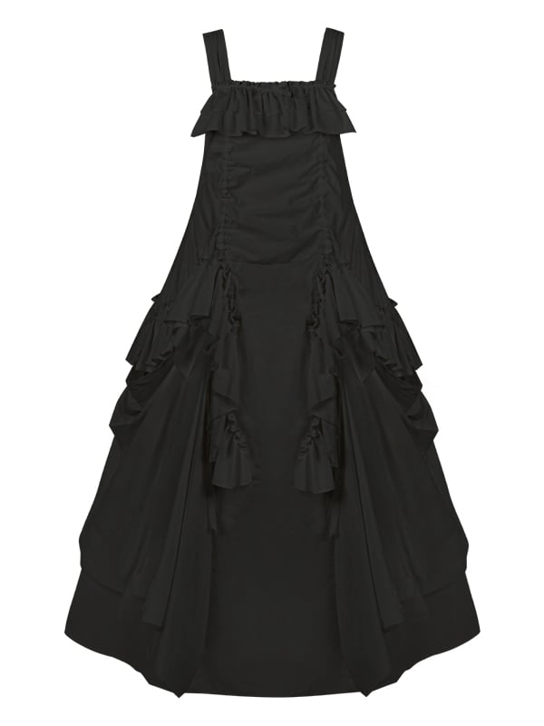 Kleid Lockeres Design Schwarze Rüschen Kordelzug Goth Cascading