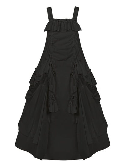 Kleid Lockeres Design Schwarze Rüschen Kordelzug Goth Cascading