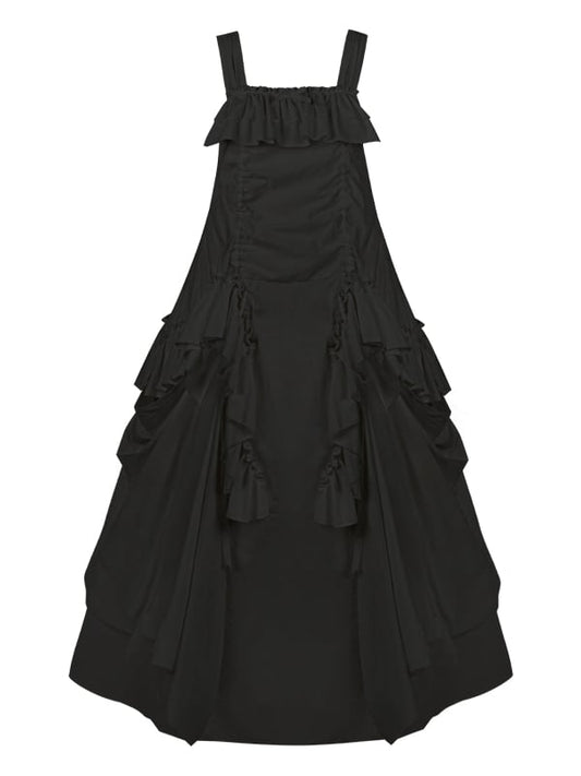 Kleid Lockeres Design Schwarze Rüschen Kordelzug Goth Cascading