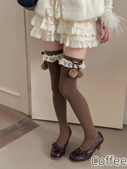Ribbed with Lace Cuffs Stockings Over-the-Knee Pom-Pom