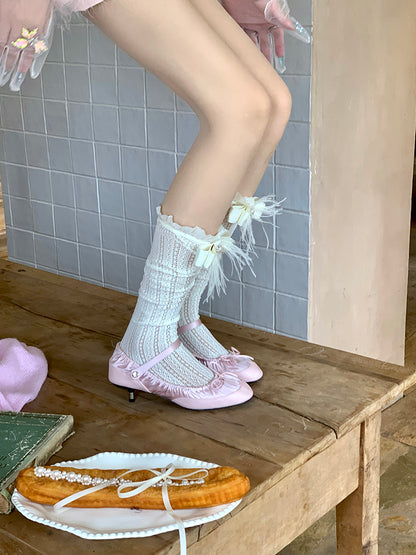 Decoration with Feather Socks White/Black Calf Ruffled Bowknot Creamy Lace