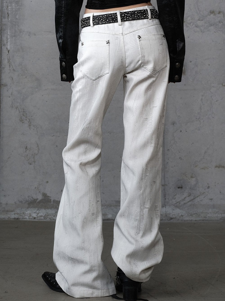 mit Kettennieten Print Punk Cross Hose Button-Up Wide-Leg Fly Weiß