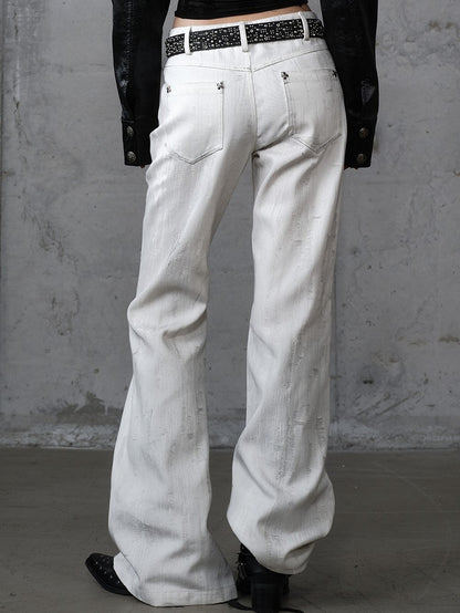 mit Kettennieten Print Punk Cross Hose Button-Up Wide-Leg Fly Weiß