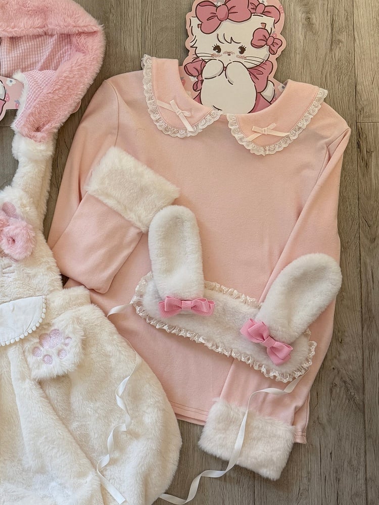 Peter Collar Cuffs Plush with Trim Pink Lace Top Sleeve - Long Bow Pan Accent on