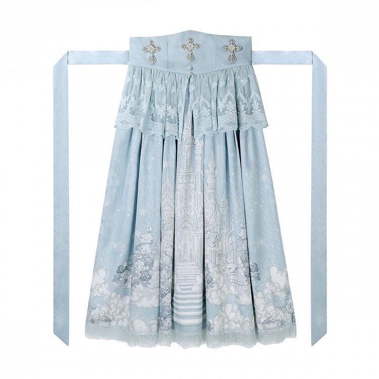 Weißer Rock mit hoher Cape-Taille, Top, Camisole + Tüll-Print, Castle Blue