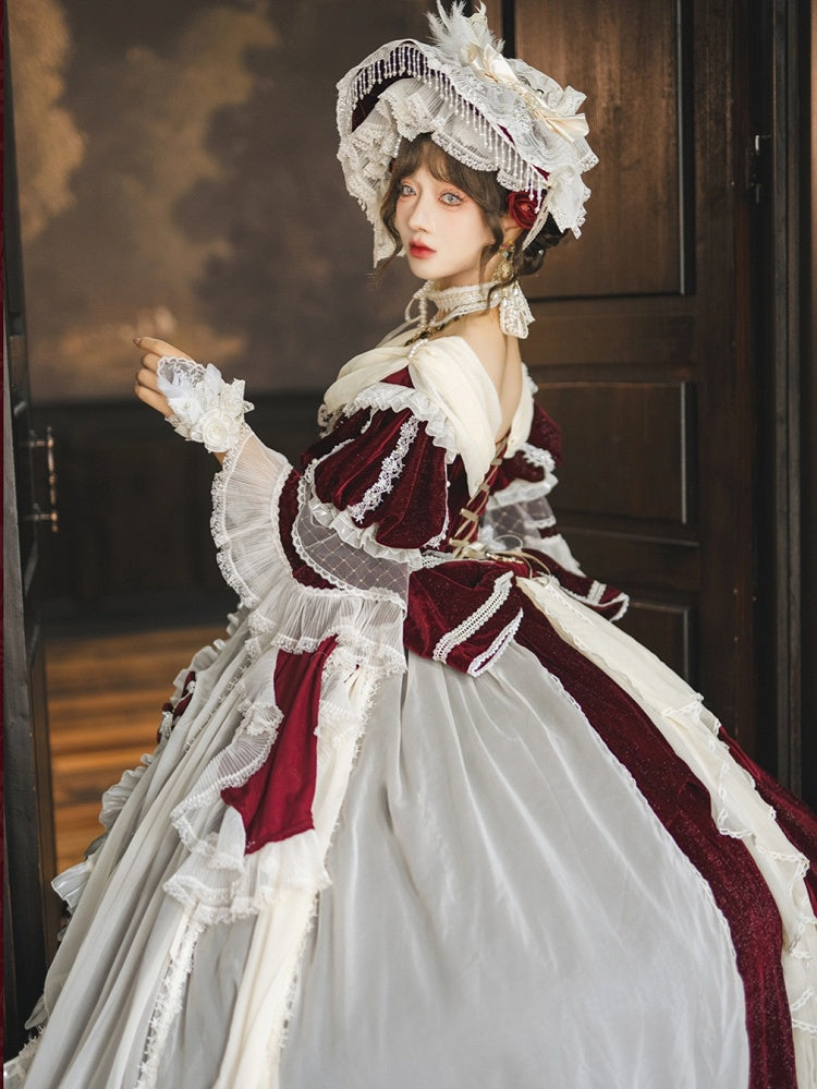 Ruffle High-low Lolita Red Shimmering Velvet Dress Cascading Hanayome and White