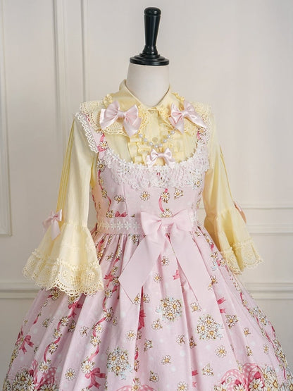 イエローのラウンドフラットカラーベルスリーブコットンブラウス