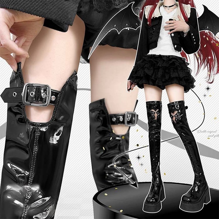 Polierte schwarze Gothic Overknee-Stiefel mit herzförmigem Cutout-Detail