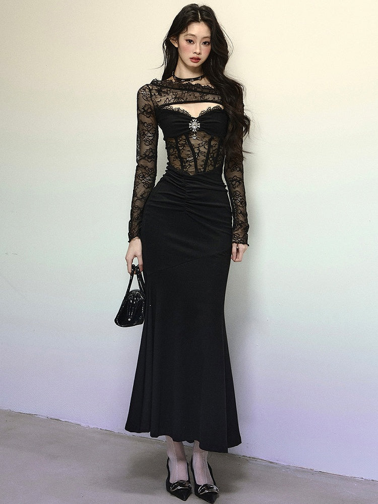 Black Asymmetrical Neckline Semi-sheer Lace Bodice Mermaid Skirt Patchwork Dress Evening Gown