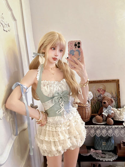 Denim-Blue Floral Lace-Trim Halter Top With Bow Accent