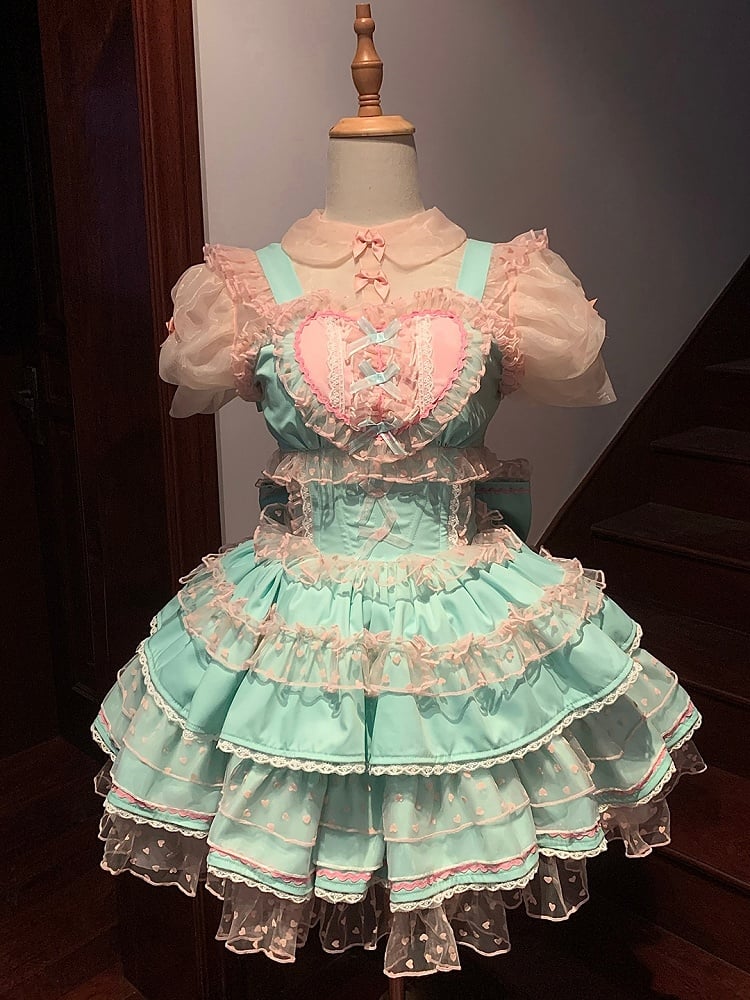 Lolita Dress Sweet Polka-dot Green Pink Heart Pattern Ruffled Heart Front Mint