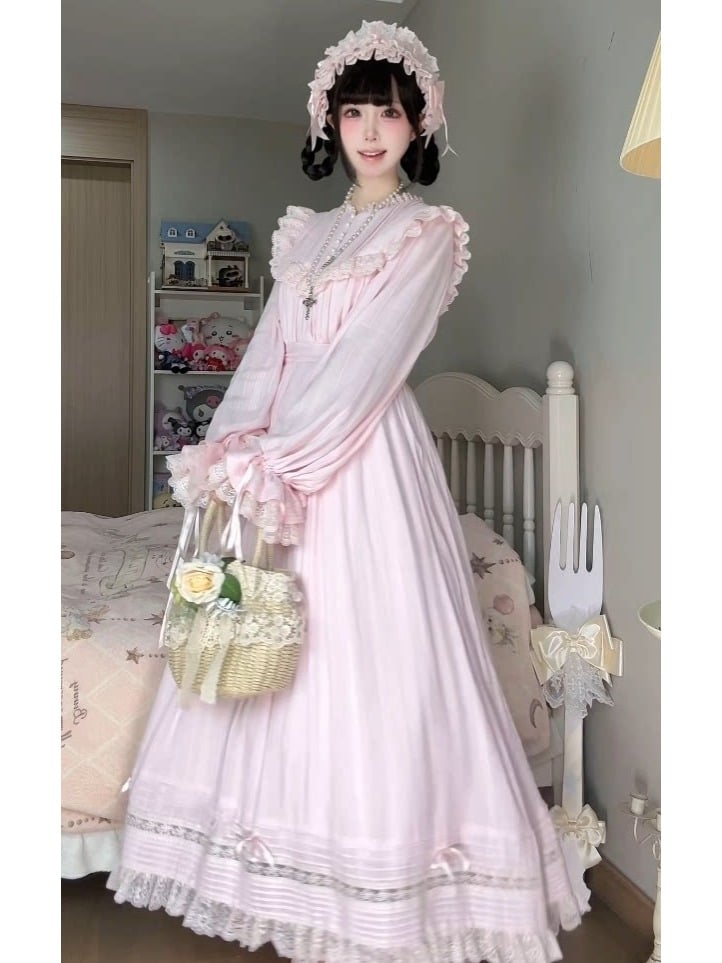 Lace Trim Long Sleeve OP Dress with Ruffles, Pink Lolita Style - Hua Xia Miao