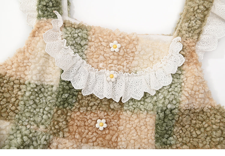 Green Floral Button Details Lace Trim Plaid Fleece Overall Dress with Pockets