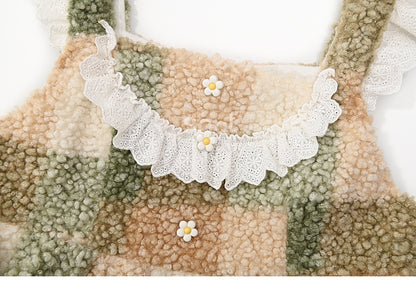 Green Floral Button Details Lace Trim Plaid Fleece Overall Dress with Pockets