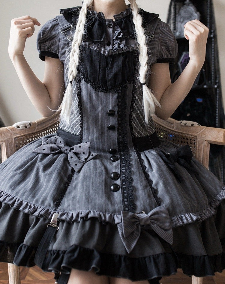 Abnehmbares Mieder, graue, dunkle Overall-Kapuze, kariertes Lolita-Ohren-Häschenkleid mit Muster