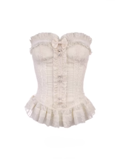 Bustier Mit Stickerei Korsett Floral Spitze Schleife Weiß Abnehmbare Rüschen