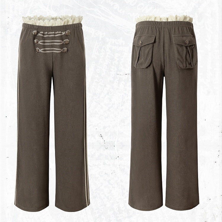 Khaki Green Double-Breasted Straight Leg Sweatpants with Lace Trim, Punk Style - NO ROMANCE