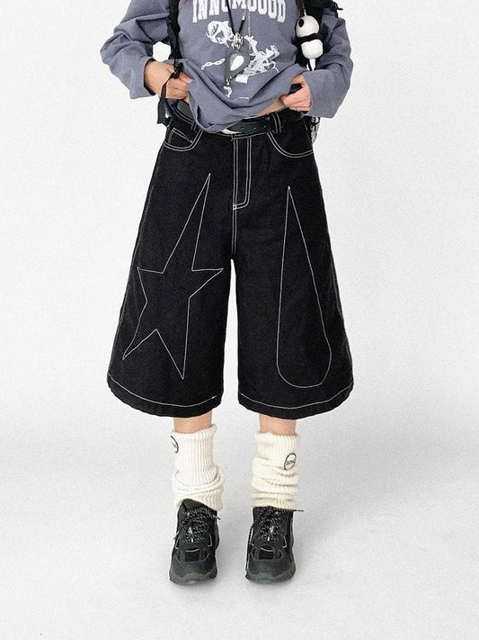 Line With Star Patterns And Pants Wide-leg Daily Raindrop Kawaii Black