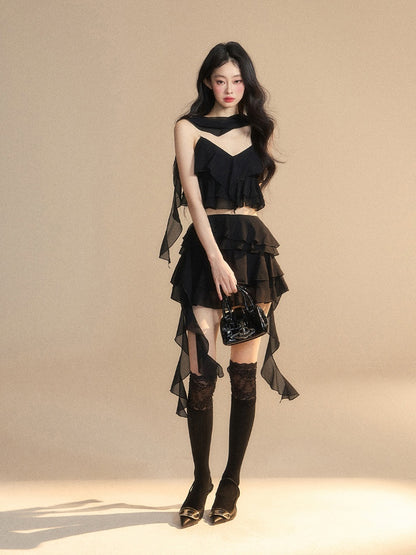 Tiered Black Chiffon V-Neck with Ruffles Cropped Cami Top Scarf Free