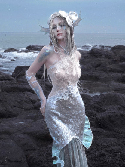 スパンコールマーメイドフェアリーボディコンドレスゴスシャイニングビーズバケーションホルターネック