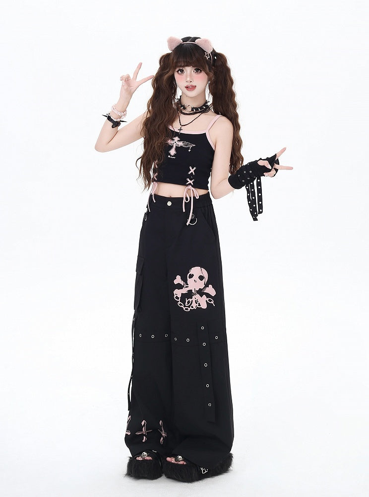 Wide-Leg Pants Black/Grey/Pink and Cross Print Pockets Cargo Skeleton