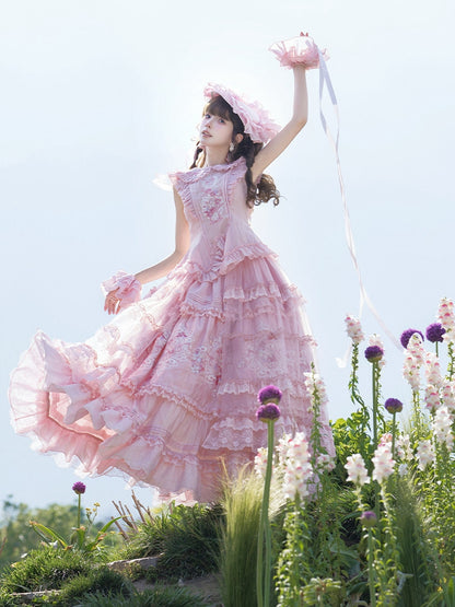 Pink Flutter Sleeves Lolita Top + Floral Embroidery Ruffled Skirt + Sheer Overlay + Hat Set - Misty Isle Letter