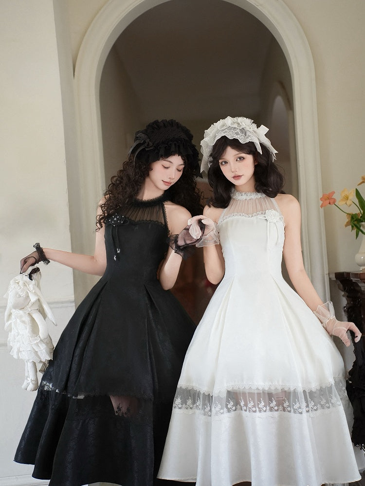 Panels Illusion Rosette All Jacquard Fabric Halter Prom Black Dress Neck Lace