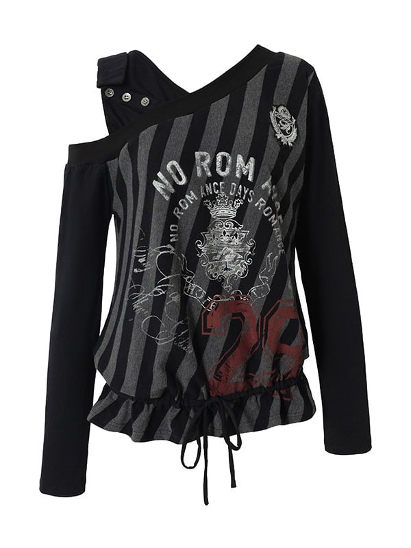 Black & Grey Striped Asymmetric Shoulder Long Sleeve Top with Letter Print & Drawstring Hem, Faux Two-Piece Punk Casual - NO ROMANCE