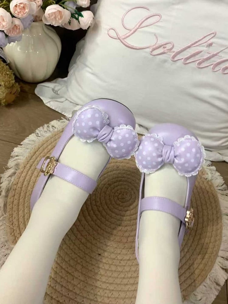 PU Heels Purple Sweet Round Low/Mid Toe Design Snap Lolita with