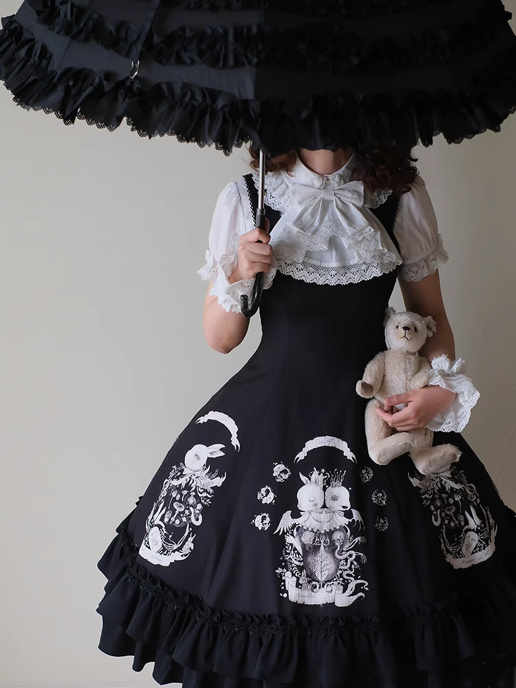 Dark Waist Dress Gothic Bunny Fit Slim Lolita Black Print