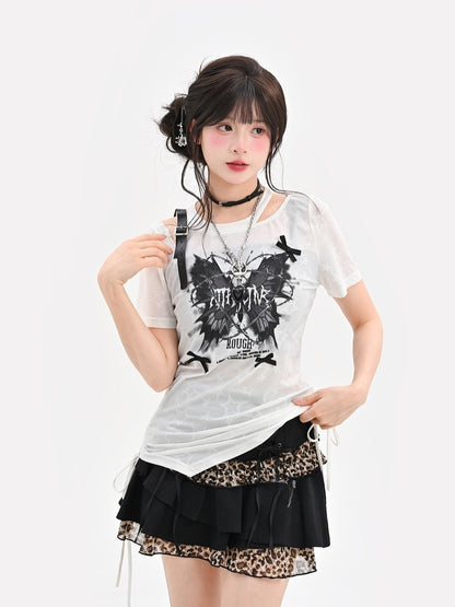 Butterfly Y2K White Semi-sheer PU Print Buckle T-shirt Waist Drawstring Strap Glamorous