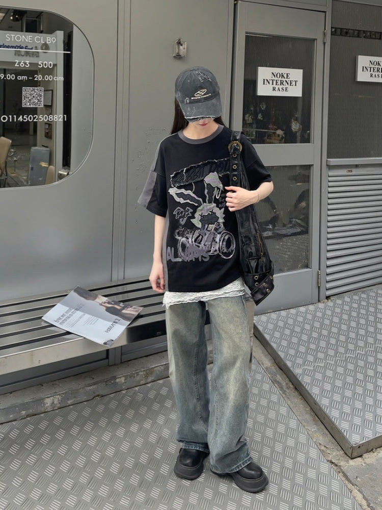 ビタースイートとTシャツのツーピース、フェイクブラックアップリケ、グレーのウサギ柄文字