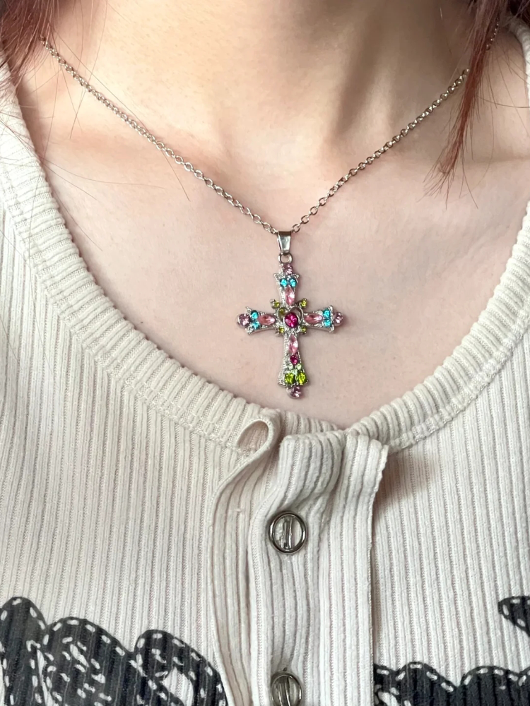Neon Rainbow/Purple Rhinestone Cross Pendant Chain Necklace