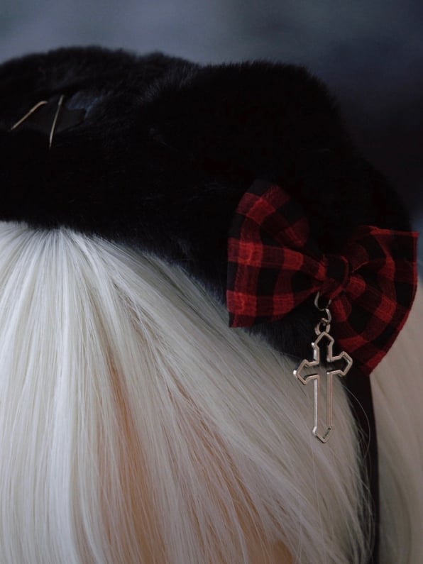 Und Details Rot Mit Haarband Muster Herz Katze Bowknot Ohr Schwarz Plaid Schnalle