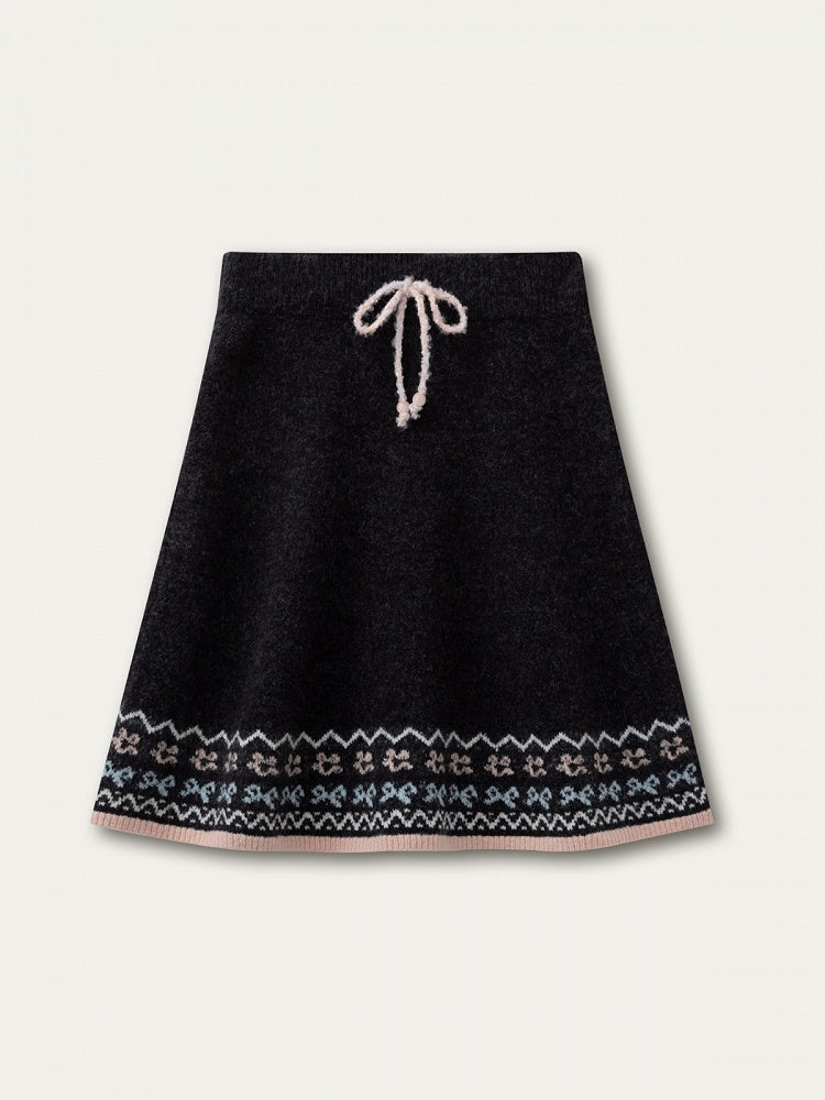 Design Knit Gray Kawaii Skirt with Cat Pattern Vintage Dark