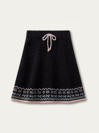 Design Knit Gray Kawaii Skirt with Cat Pattern Vintage Dark