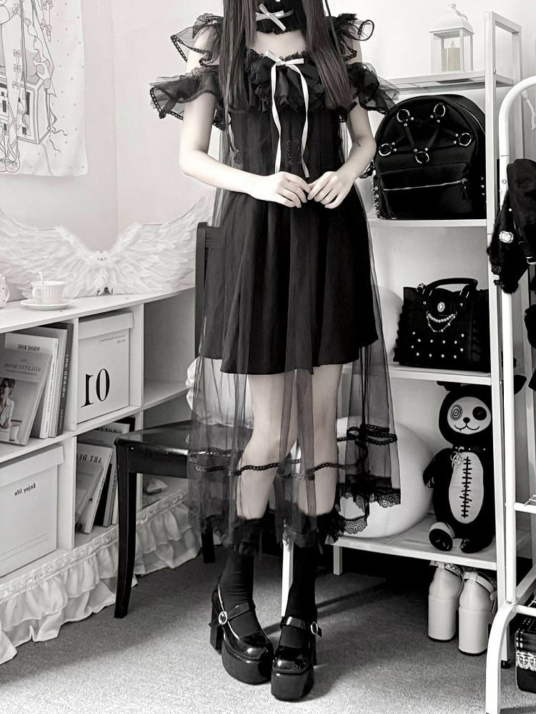 Black Lace Trim Slip Dress with Sheer Layer - Pink Rabbit