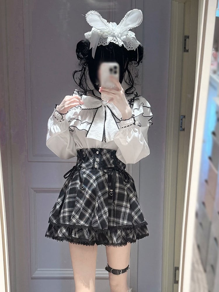 Monochrome Cutout Shoulder Long-Sleeve Bow Ruffle Blouse - YoshiKi