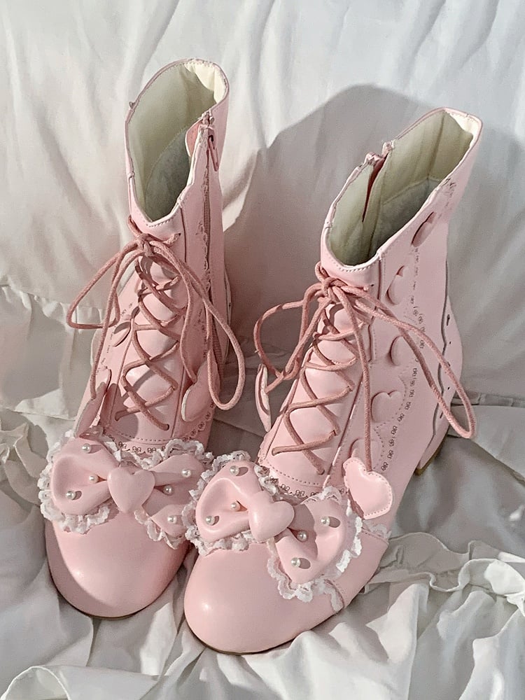Ankle Bow - at Lolita in Top Boots PU Elegant Pink