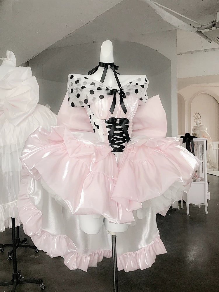Satin Off-the-Shoulder Dress with and Large Bow Detail Dot Pink Princess Balletcore Polka