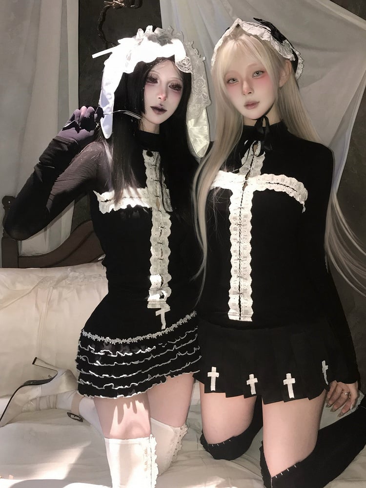 Gothic Sleeves Black Top with Long Options Motif Regular/Thinner High Cross Neck - Decorative