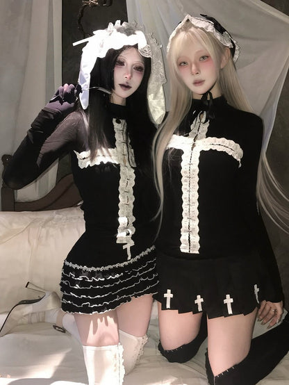 Gothic Sleeves Black Top with Long Options Motif Regular/Thinner High Cross Neck - Decorative