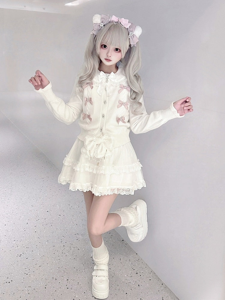 Rhinestone Pink White Jirai Square Button Cardigan with Knit Bows Front Kei