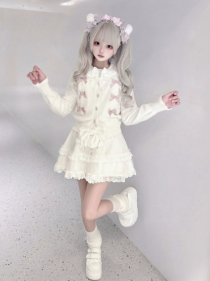 Rhinestone Pink White Jirai Square Button Cardigan with Knit Bows Front Kei