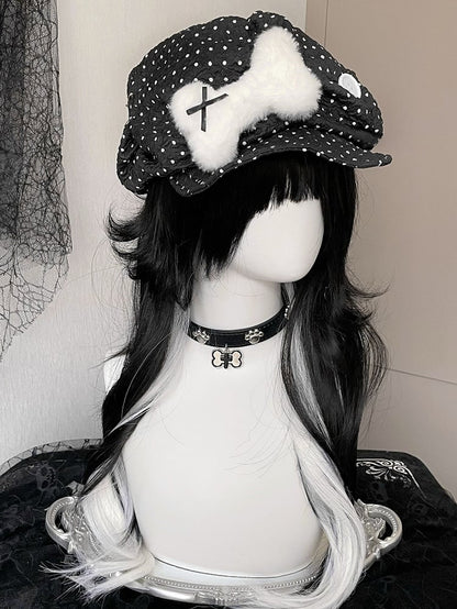 Decorated Black/White Plush Bone With Polka-dot Button Beret Pattern Hat