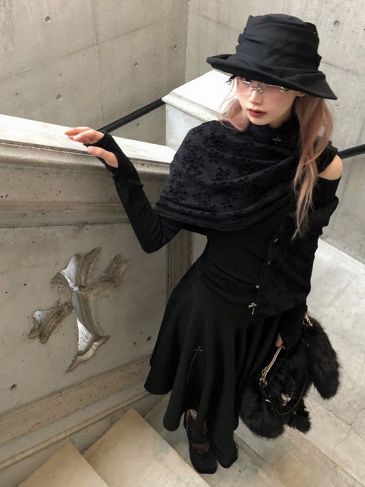 Asymmetrical Lace Button-Up Gothic Top Detachable Flocked Cape with