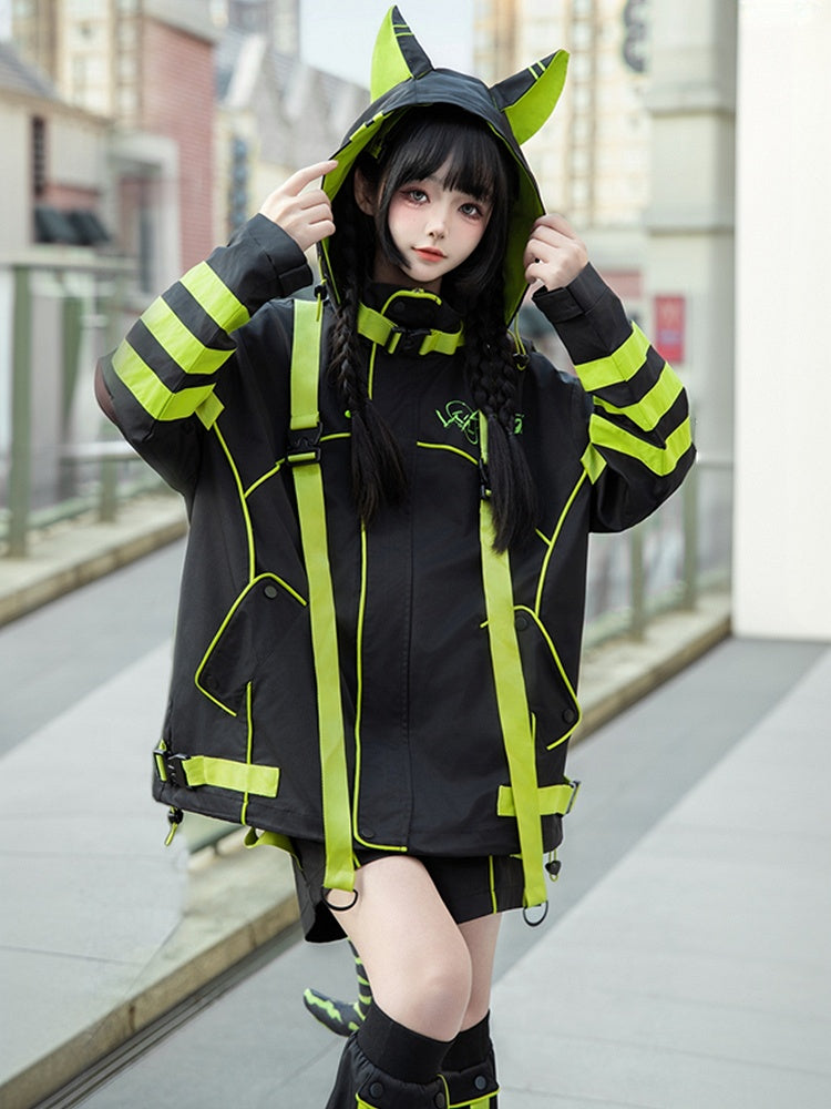 Black and Green Futuristic Cyber Techwear Buckle Straps Cat Ears Hooded Windbreaker Jacket