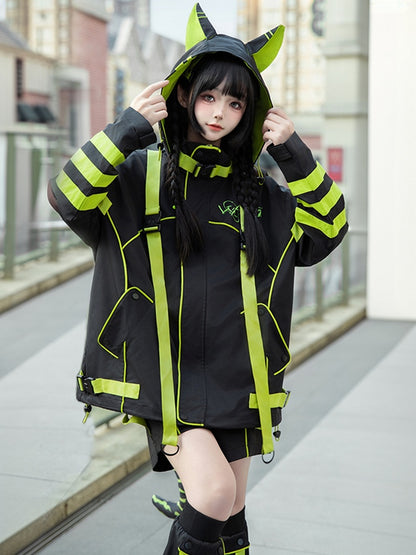 Black and Green Futuristic Cyber Techwear Buckle Straps Cat Ears Hooded Windbreaker Jacket