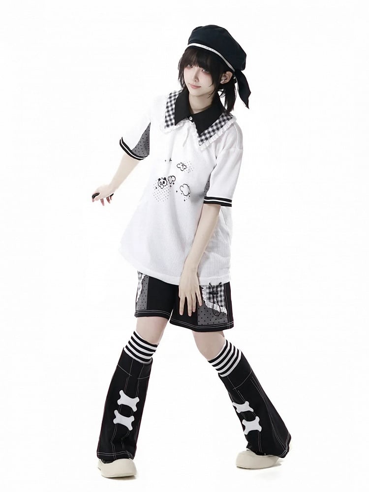 Black Plaid Patchwork Lace Trim Wide-leg Shorts White and
